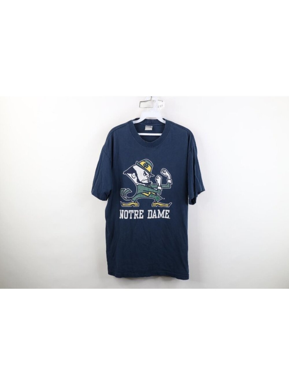 Vintage 90s Mens Large Thrashed Notre Dame University Short Sleeve T-Shirt Blue